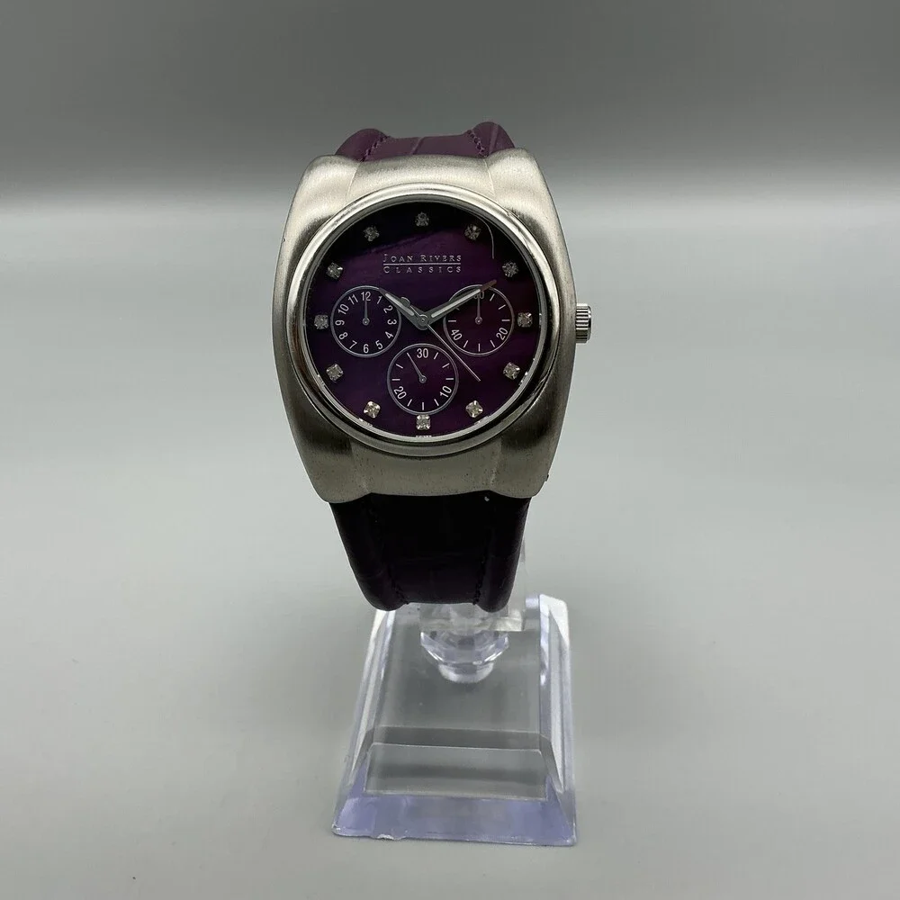 Joan Rivers Classics Women Watch 38mm Silver Tone Purple Leather New Battery